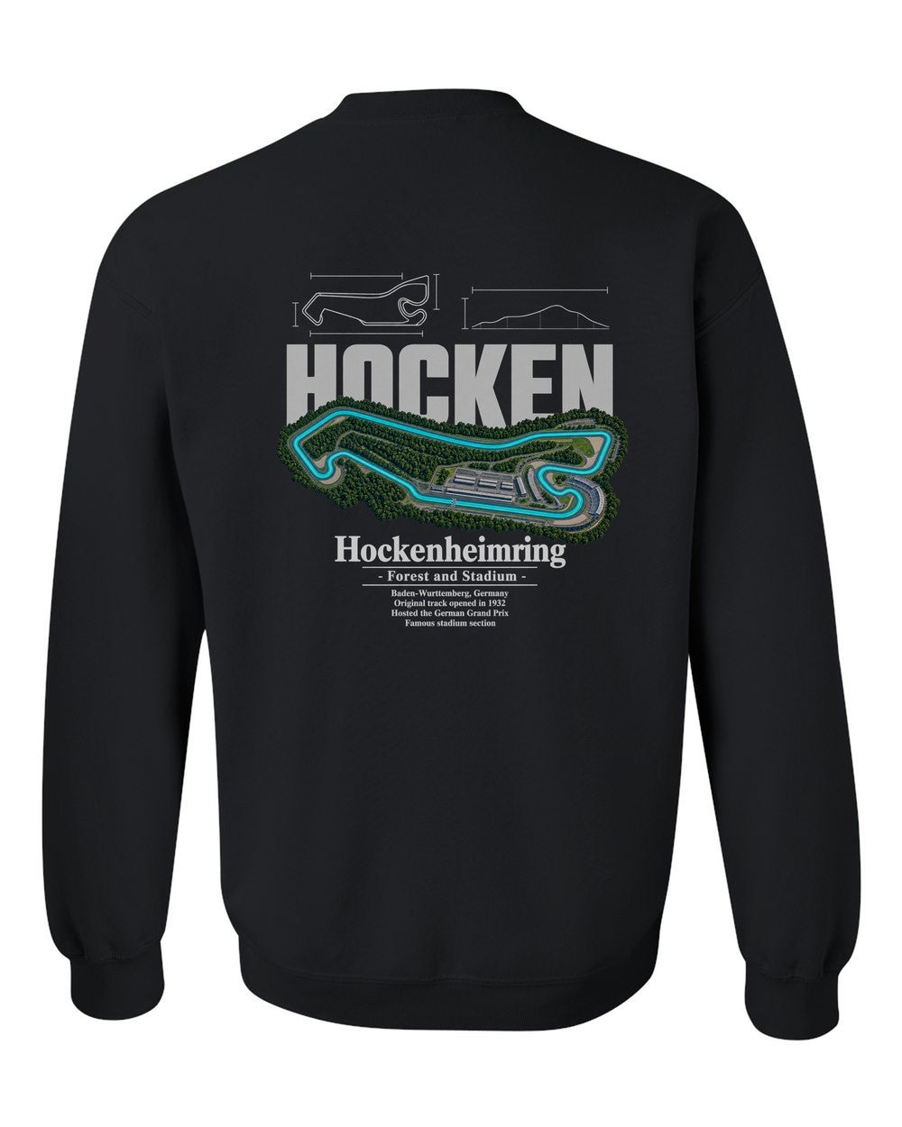 Hockenheimring black crewneck back view with the design