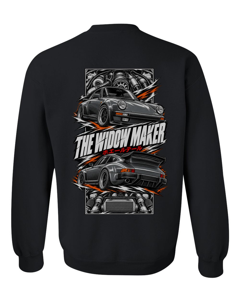 Porsche 930 Turbo torn poster black crewneck back view with the design