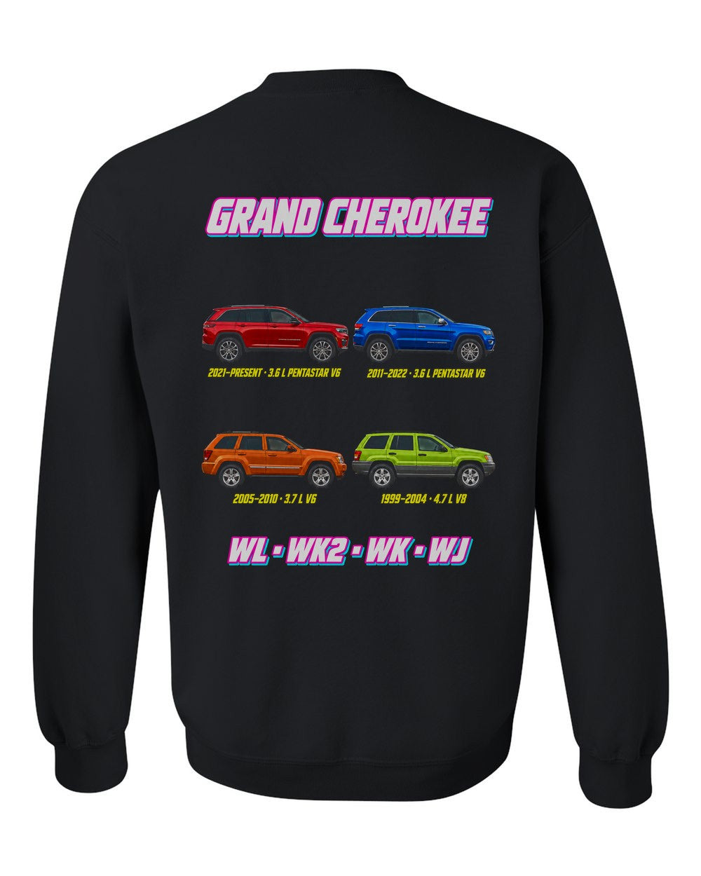 Jeep Grand Cherokee evolution poster black crewneck back view with the design