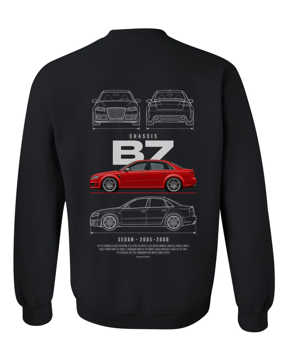 B7 full-back artwork black crewneck back view with the design