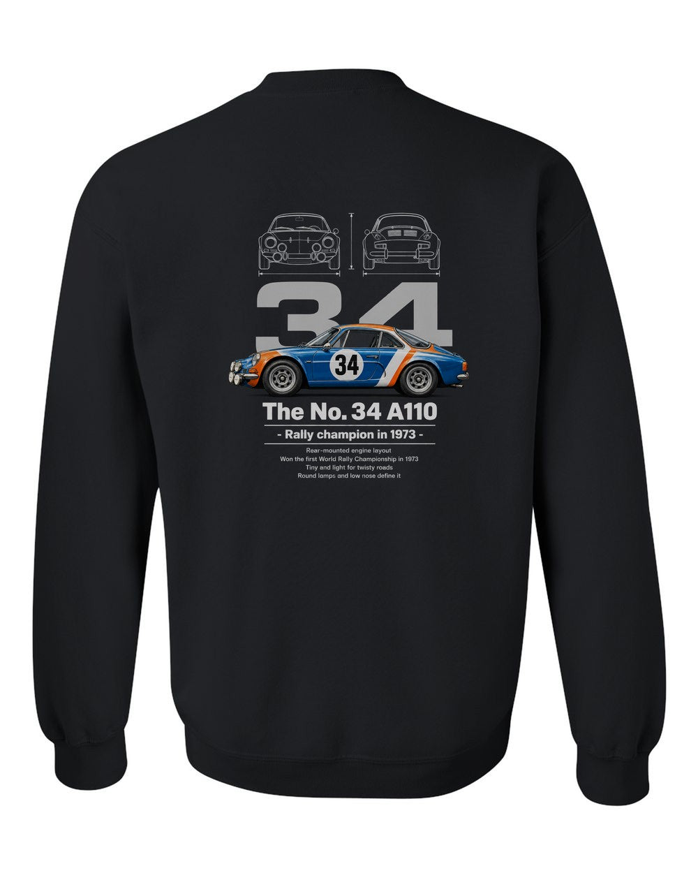 No. 34 A110 black crewneck back view with the design