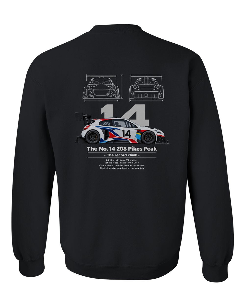 No. 14 208 Pikes Peak black crewneck back view with the design