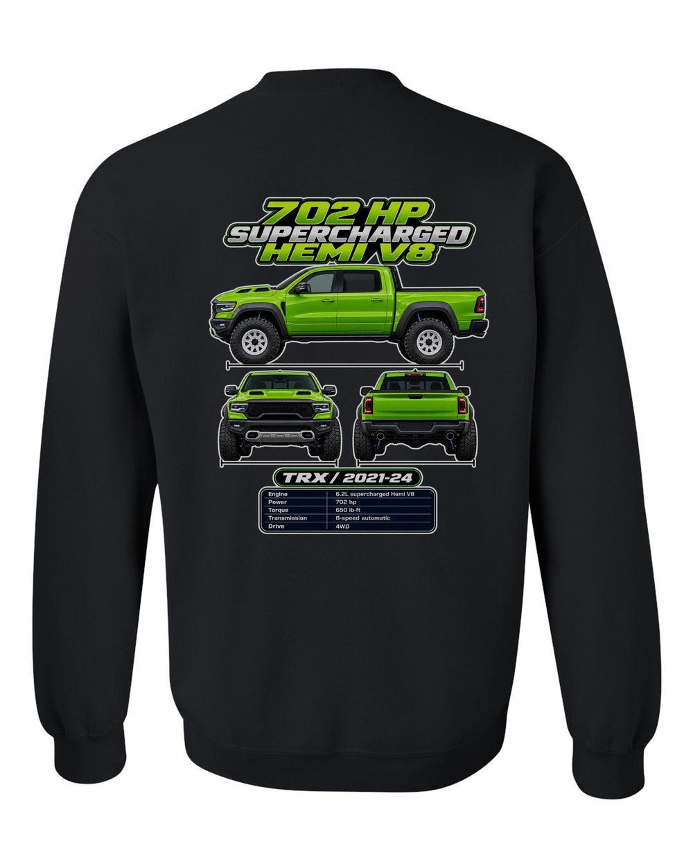 RAM 1500 Trx spec sheet black crewneck back view with the design