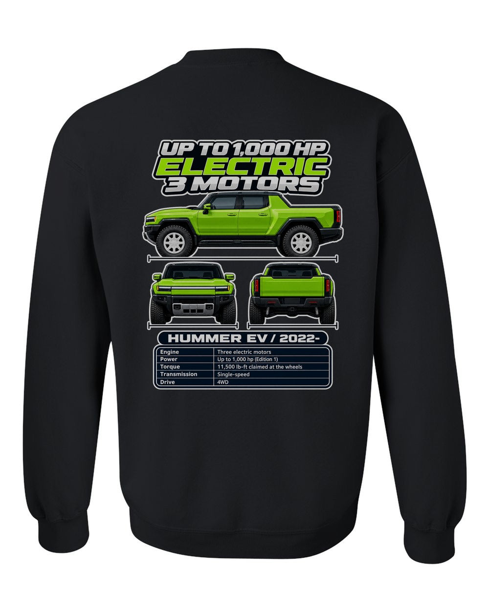 GMC Hummer Ev spec sheet black crewneck back view with the design