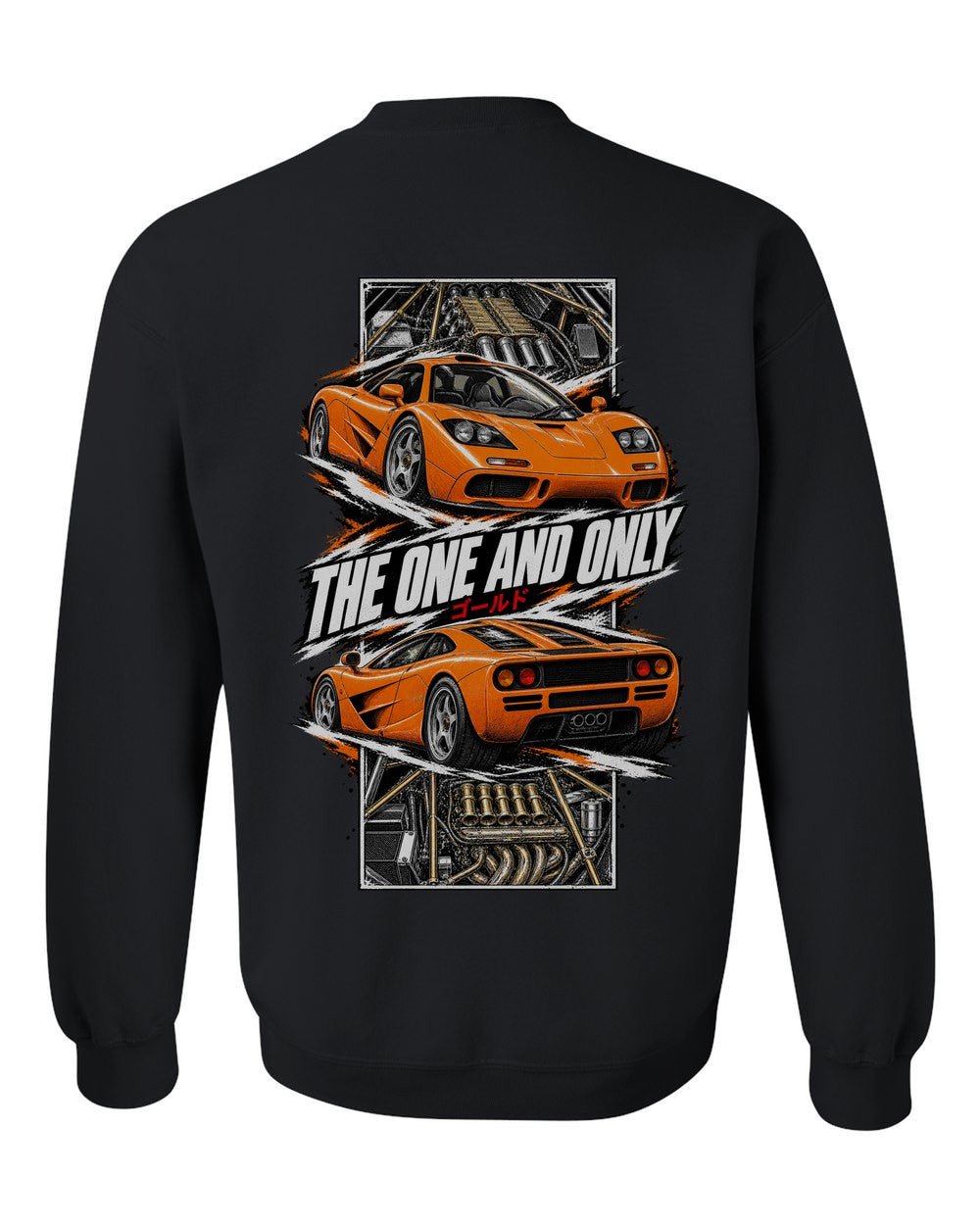 Mclaren F1 torn poster black crewneck back view with the design