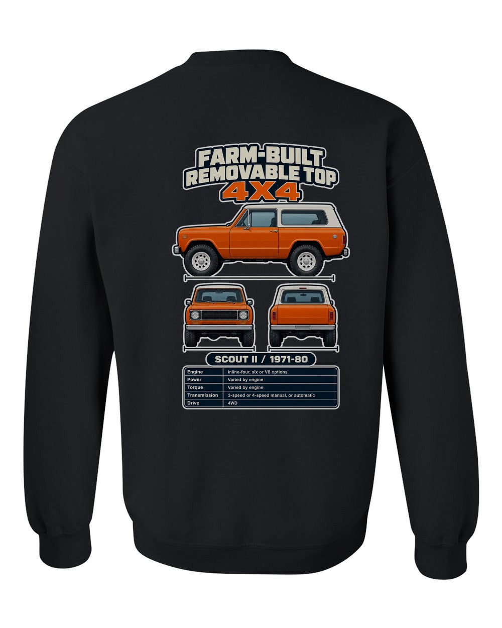 International Scout Ii spec sheet black crewneck back view with the design