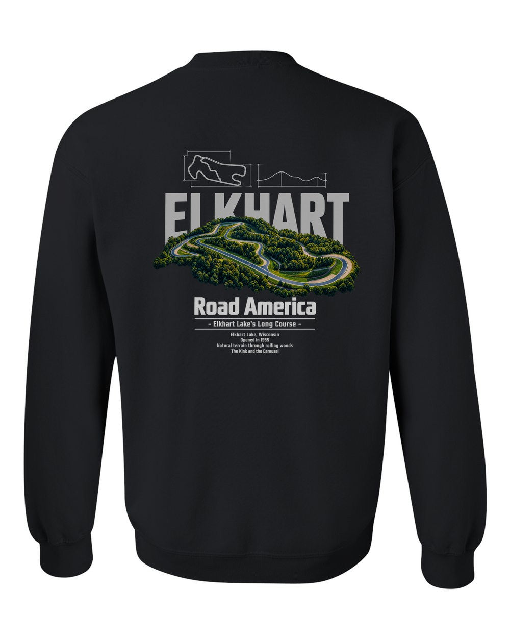 Road America black crewneck back view with the design