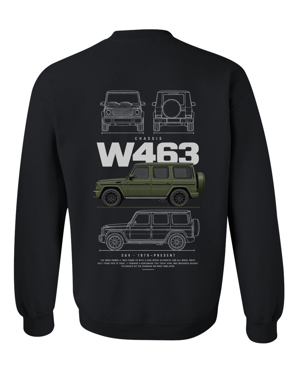 W463 full-back artwork black crewneck back view with the design
