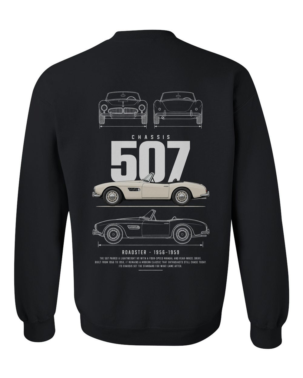 507 full-back artwork black crewneck back view with the design