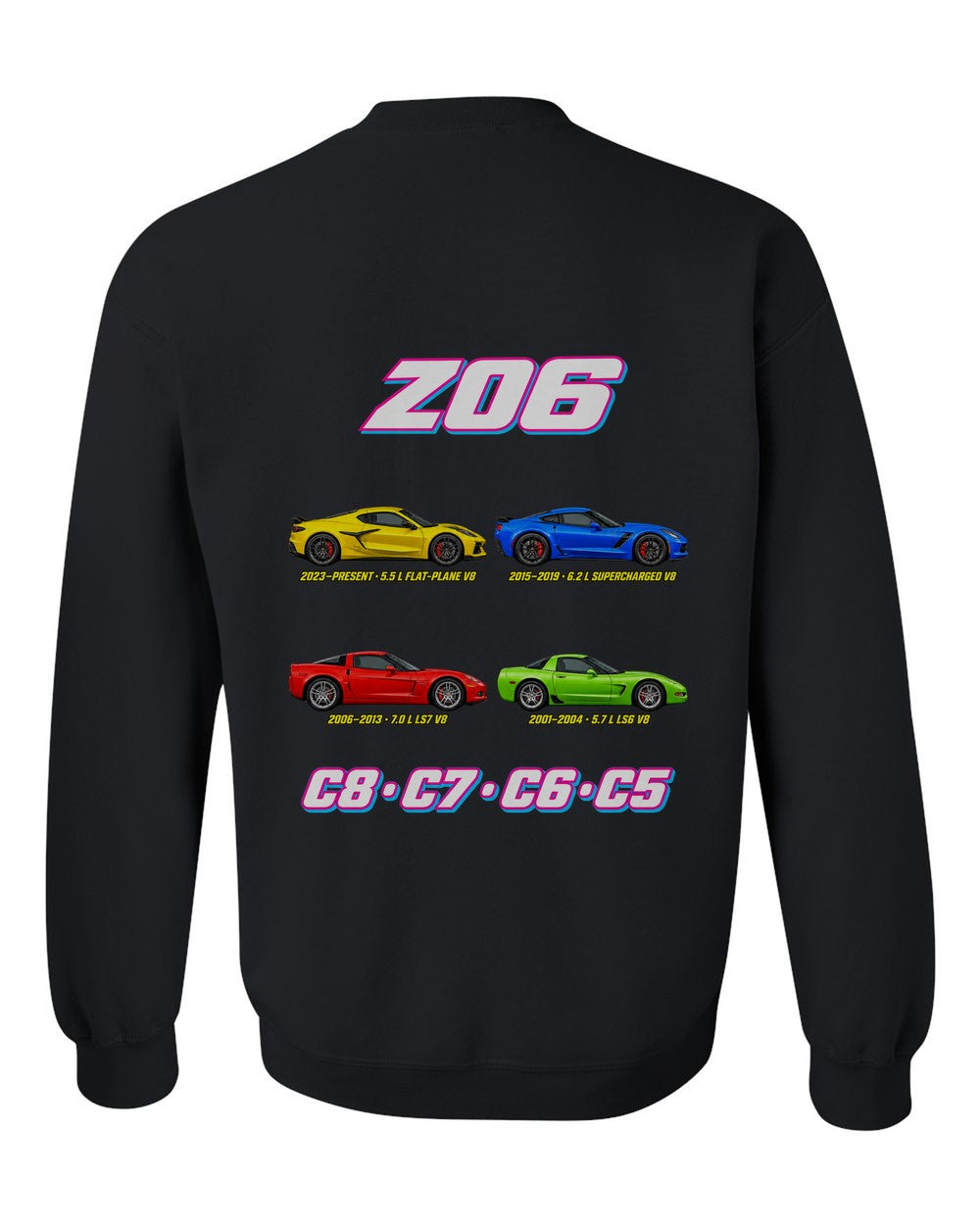 Corvette Z06 evolution poster black crewneck back view with the design