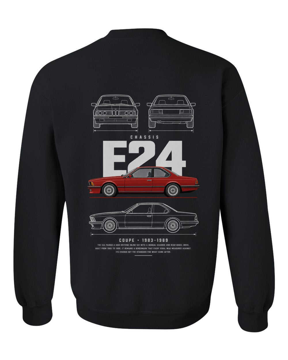 E24 full-back artwork black crewneck back view with the design
