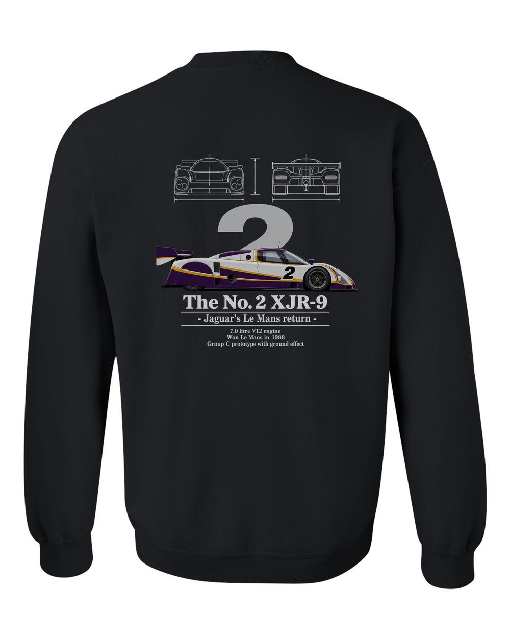 No. 2 XJR-9 black crewneck back view with the design