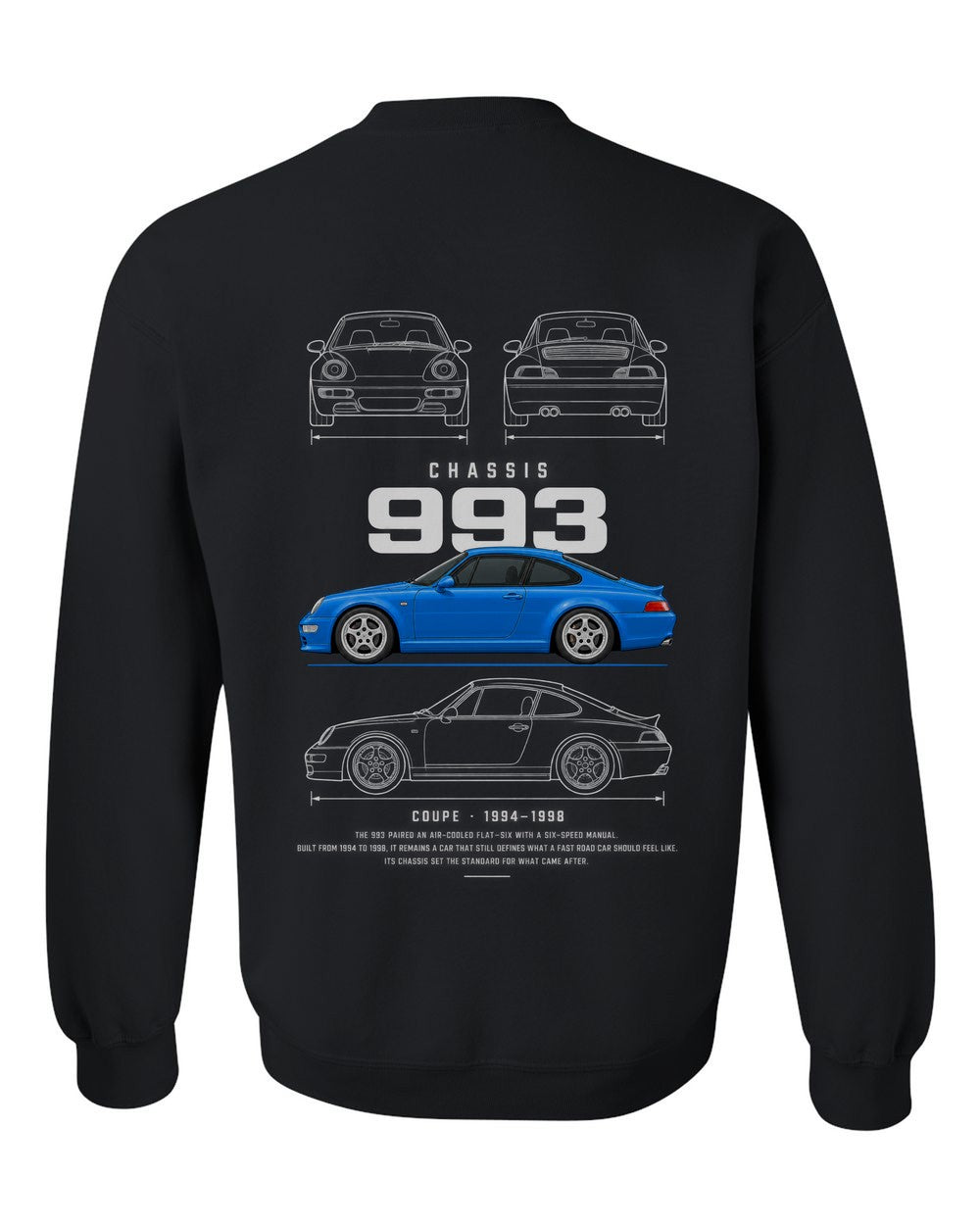 993 full-back artwork black crewneck back view with the design