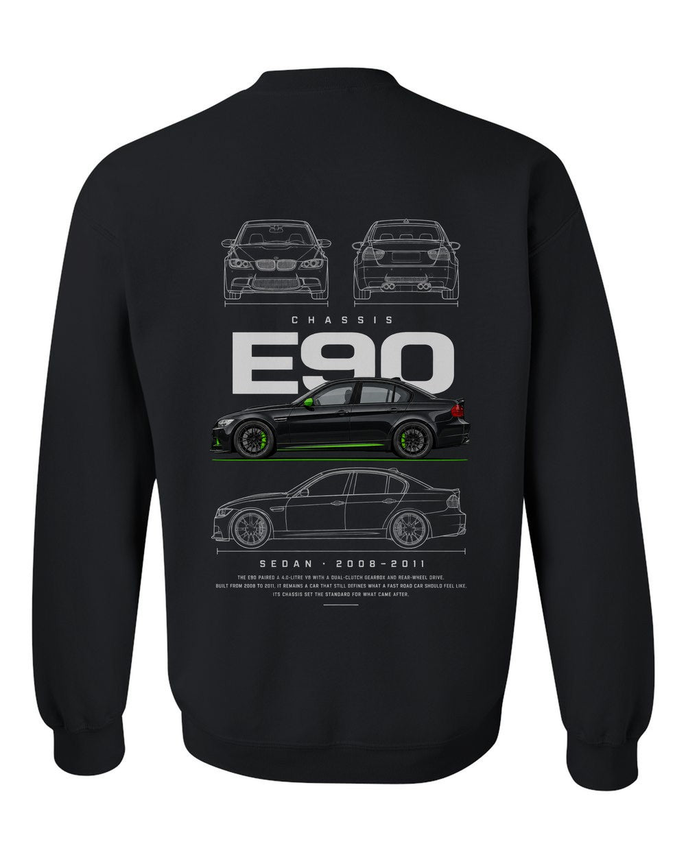 E90 full-back artwork black crewneck back view with the design