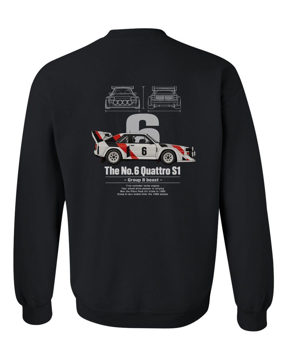 No. 6 Quattro S1 black crewneck back view with the design