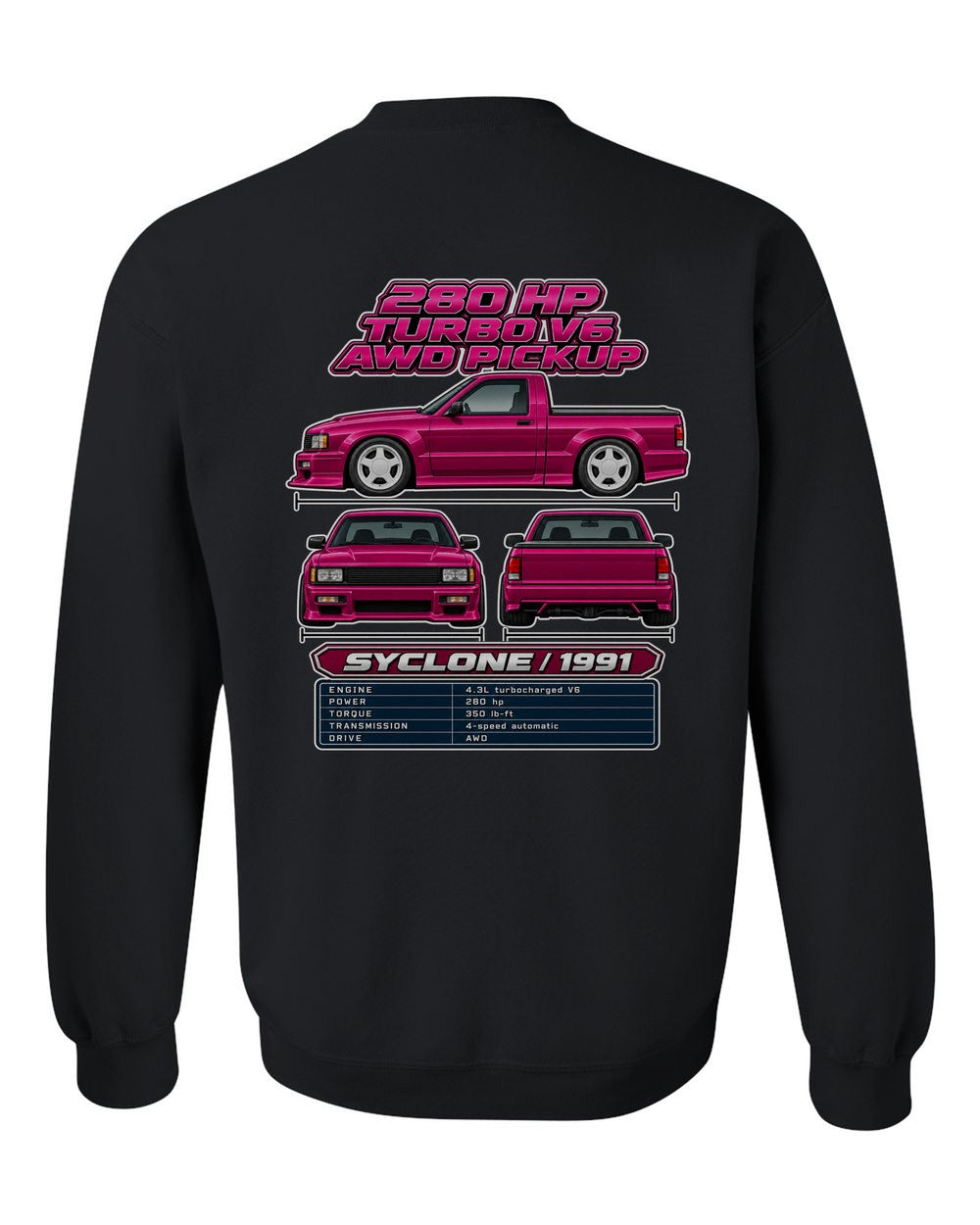 GMC Syclone spec sheet black crewneck back view with the design