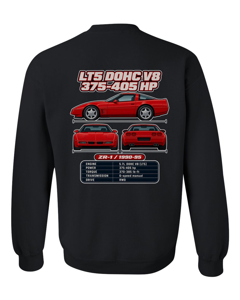 Chevrolet Corvette C4 Zr1 spec sheet black crewneck back view with the design