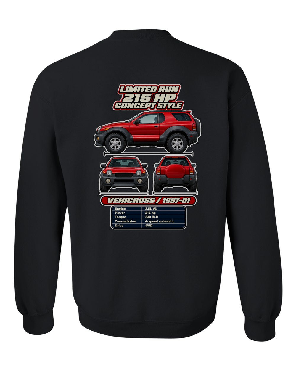 Isuzu Vehicross spec sheet black crewneck back view with the design