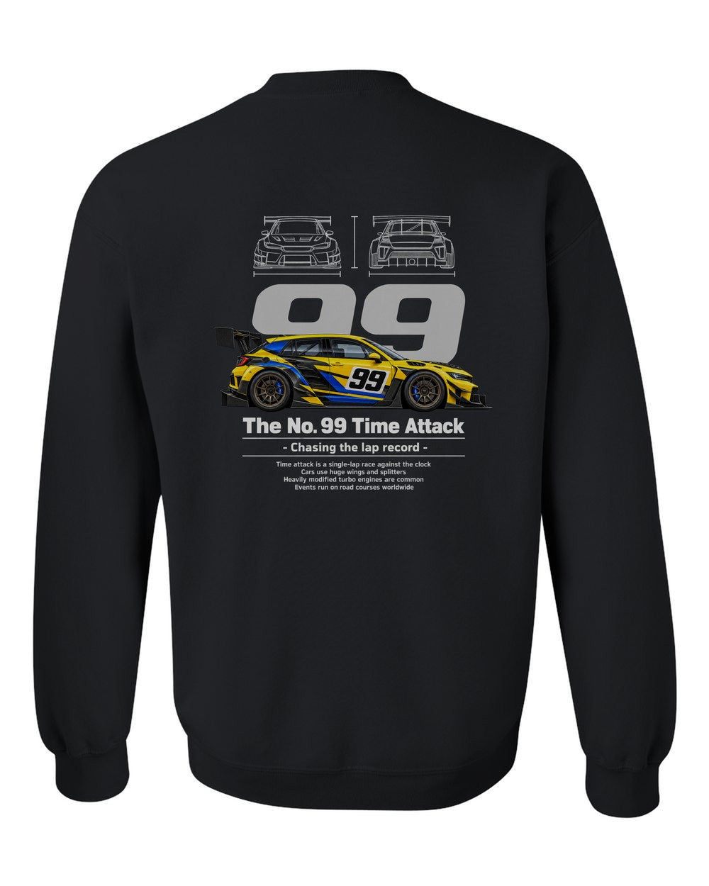 No. 99 Time Attack black crewneck back view with the design