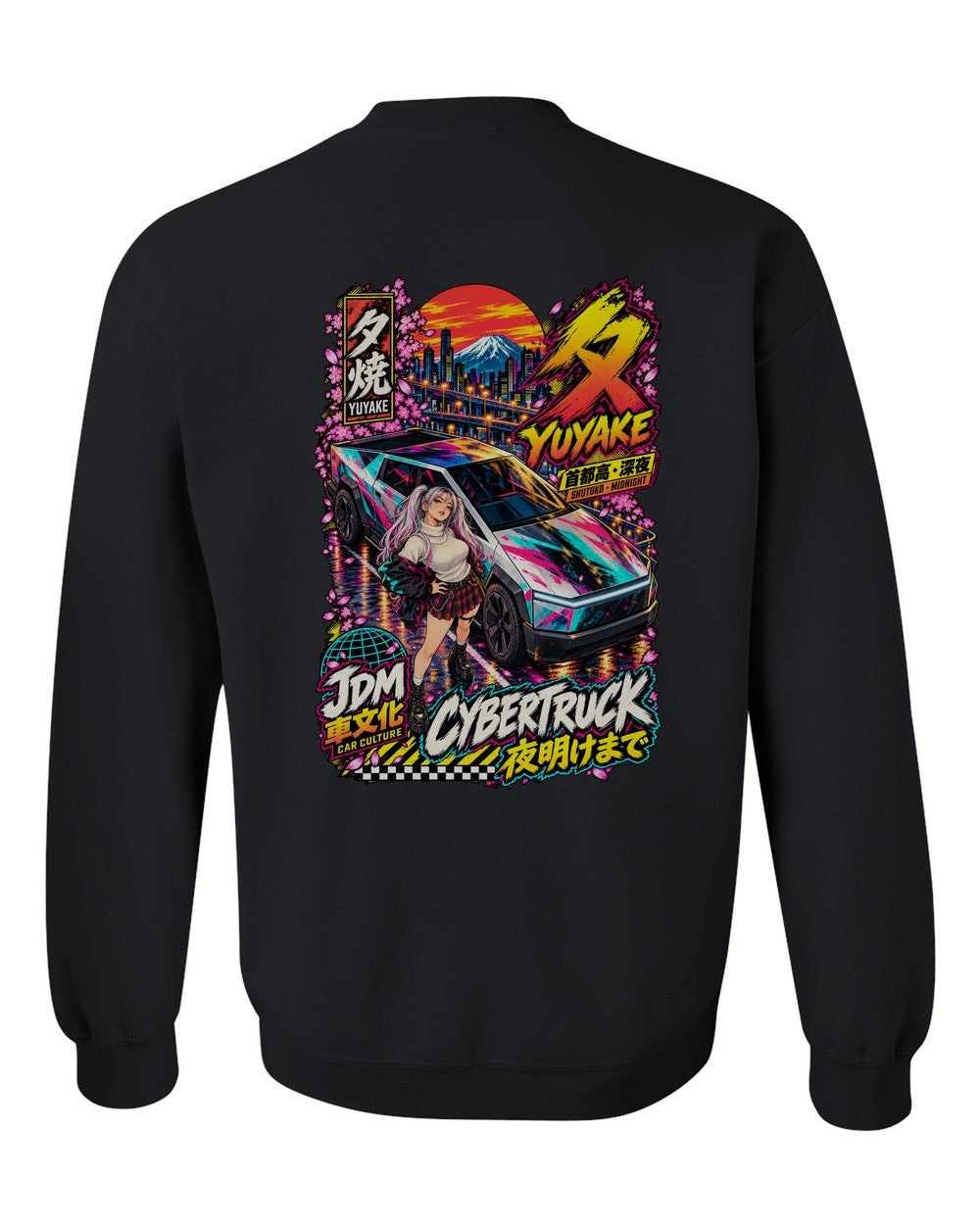YUYAKE CYBERTRUCK full-back artwork black crewneck back view with the design