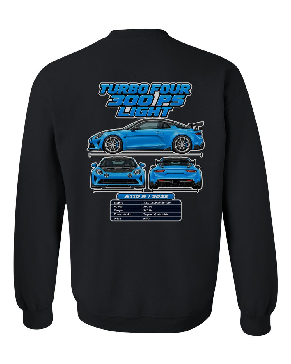 Alpine A110 R spec sheet black crewneck back view with the design