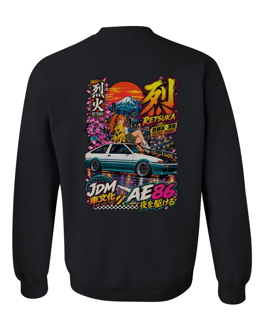 RETSUKA AE86 full-back artwork black crewneck back view with the design