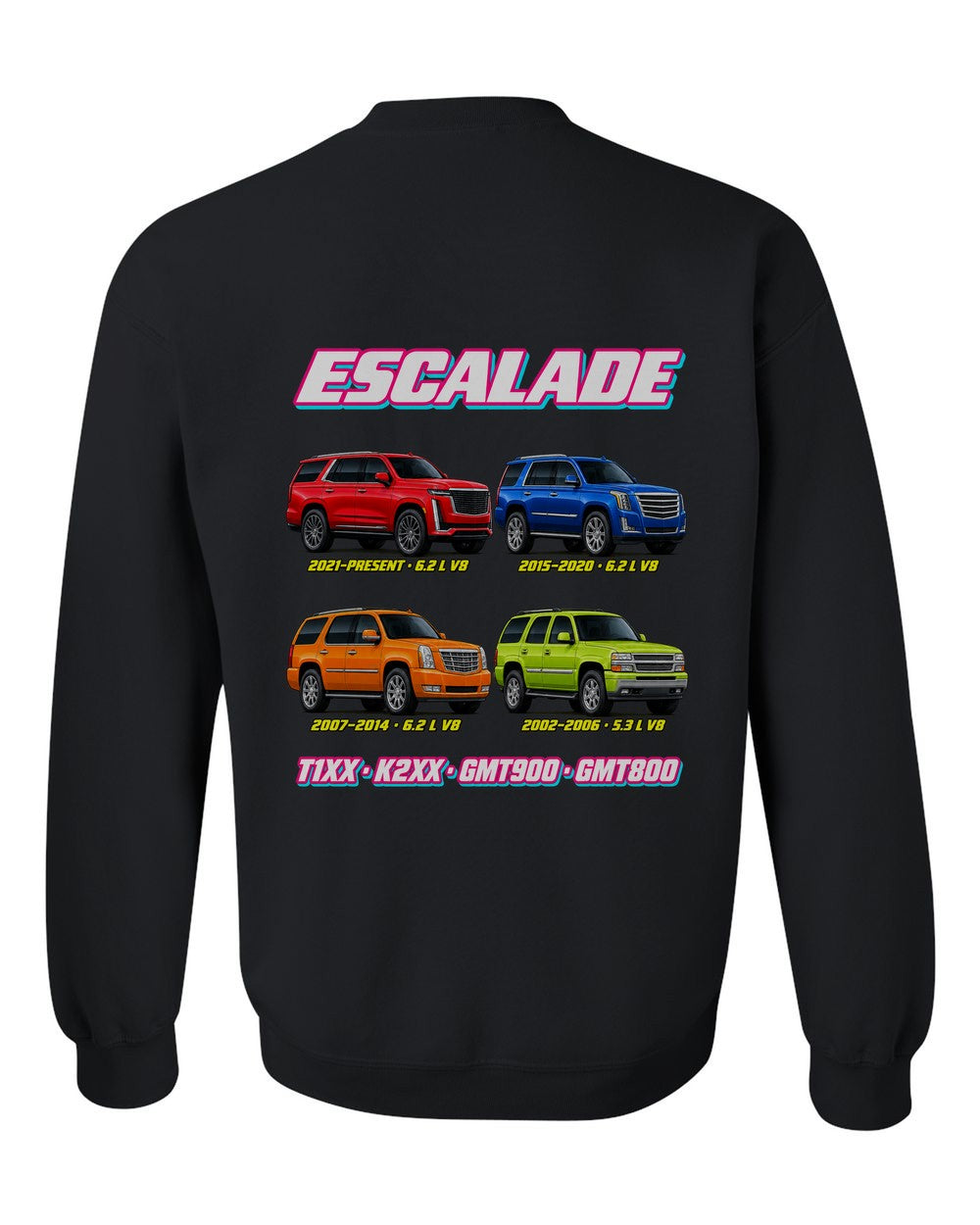 Cadillac Escalade evolution poster black crewneck back view with the design