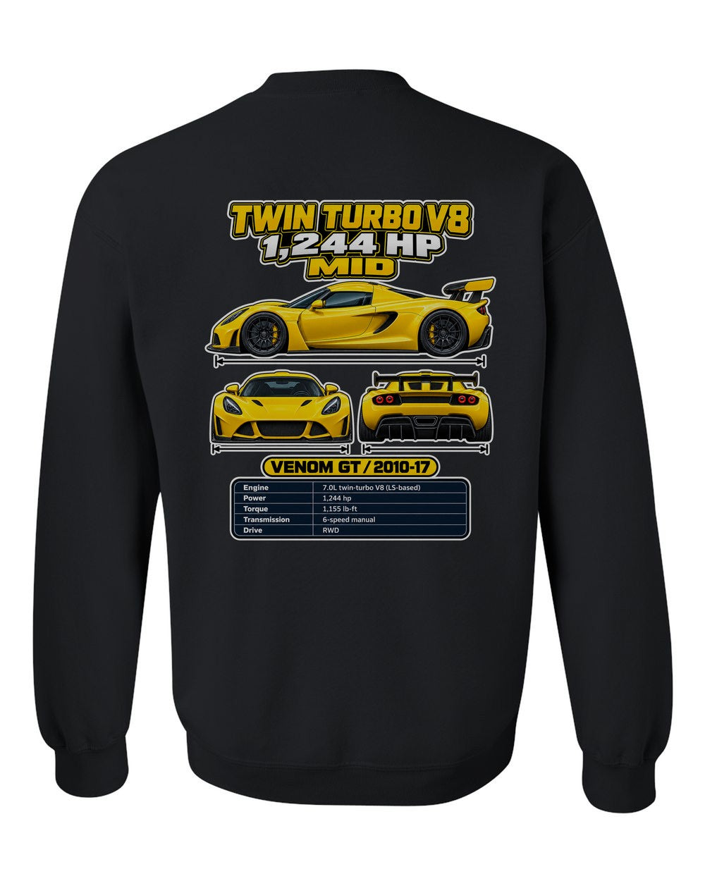 Hennessey Venom Gt spec sheet black crewneck back view with the design