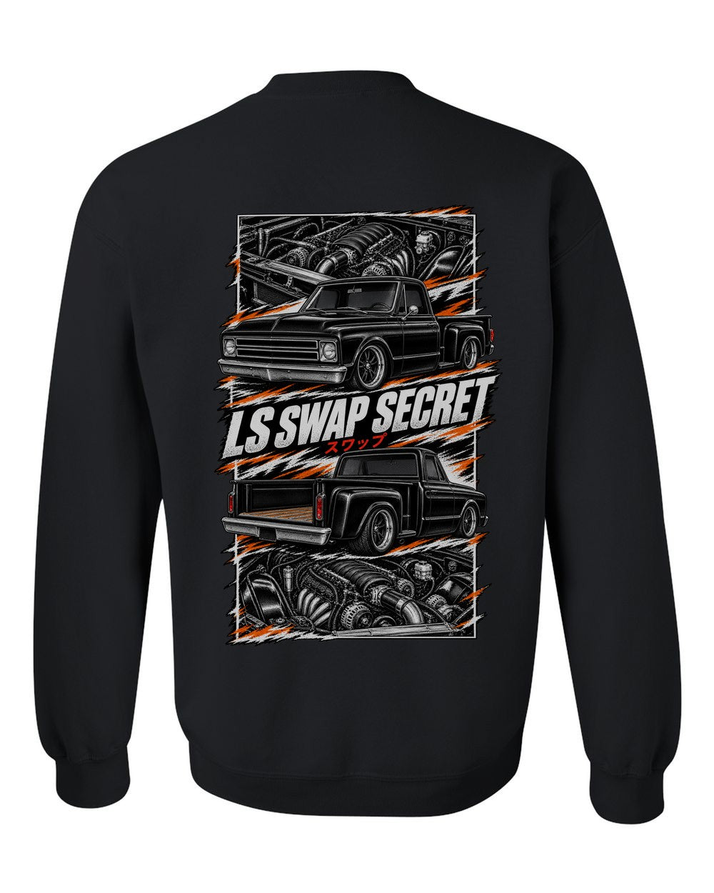 Chevy C10 LS Swap torn poster black crewneck back view with the design