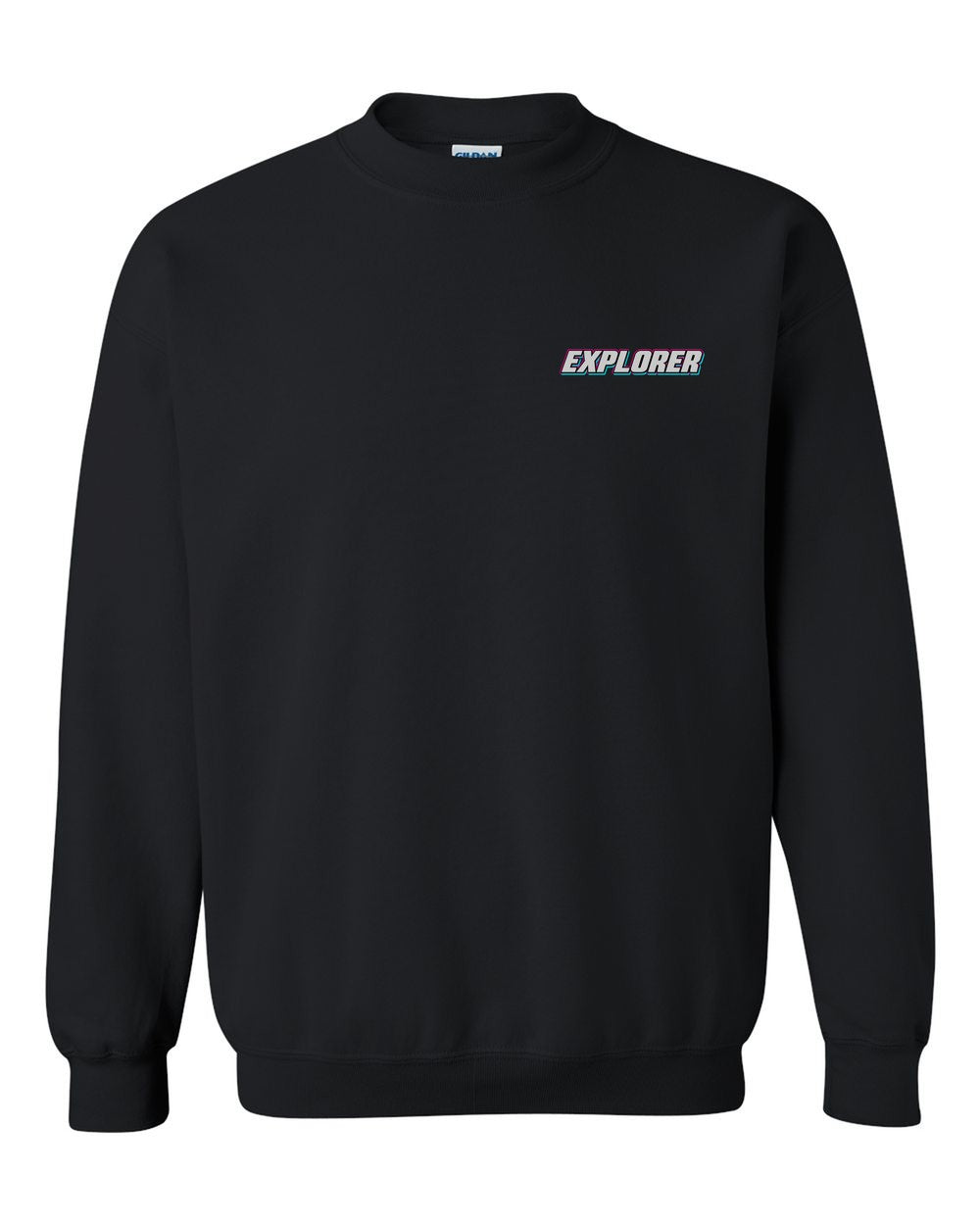 black crewneck front view with car name on pocket