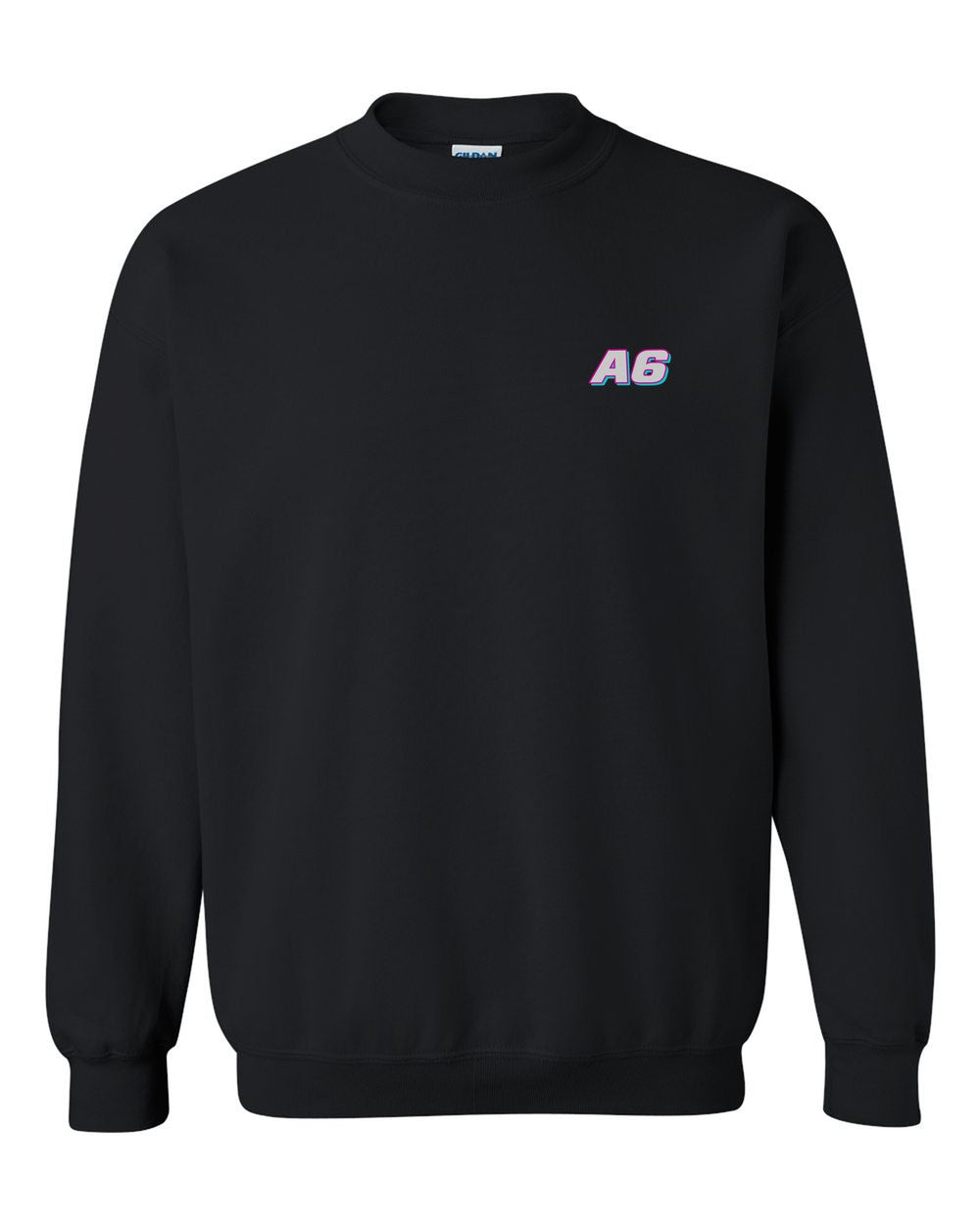 black crewneck front view with car name on pocket