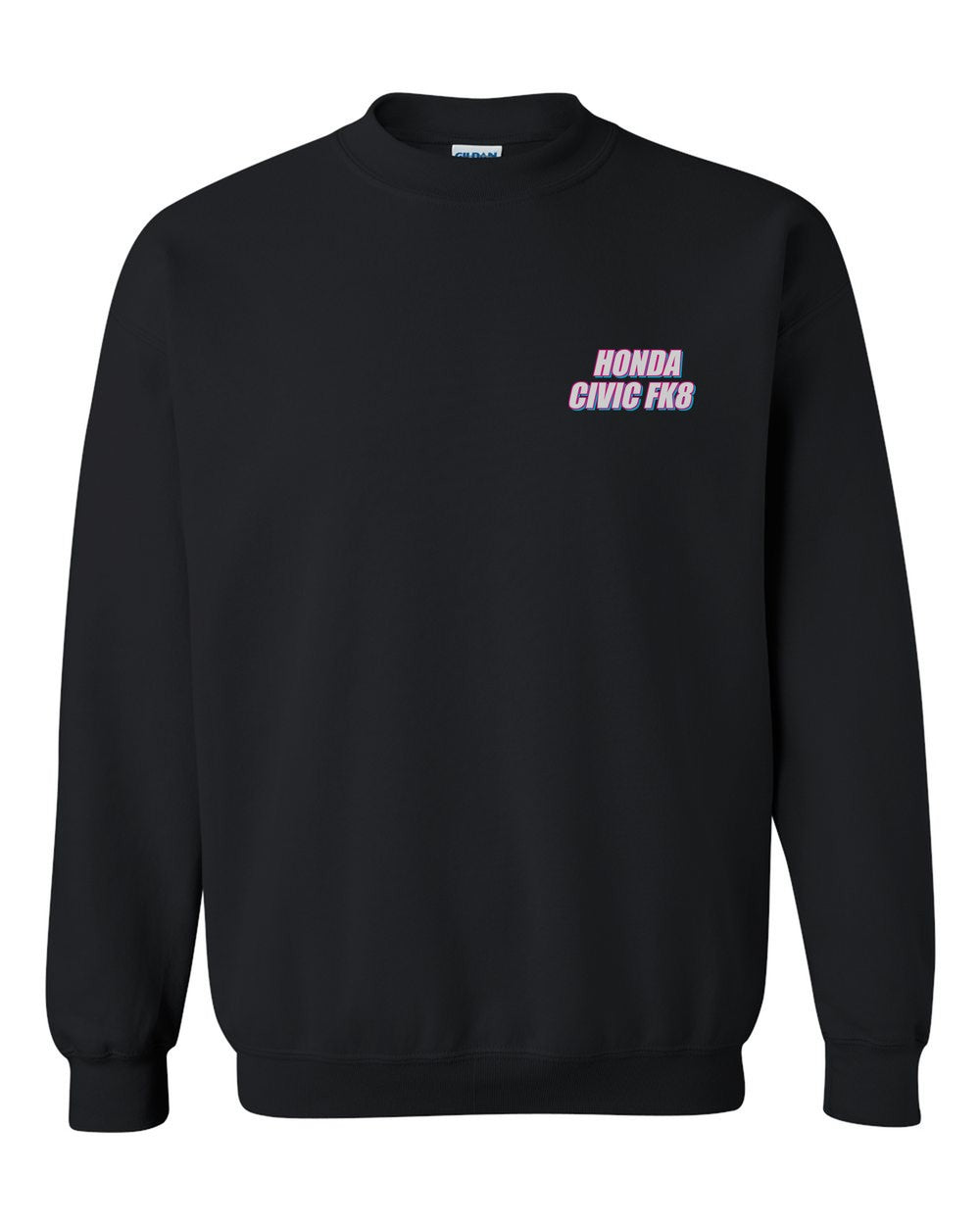 black crewneck front view with car name on pocket