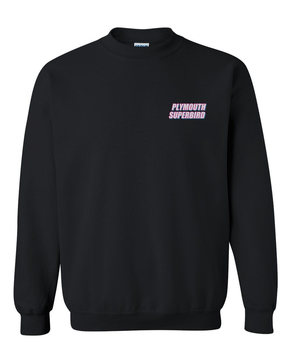 black crewneck front view with car name on pocket