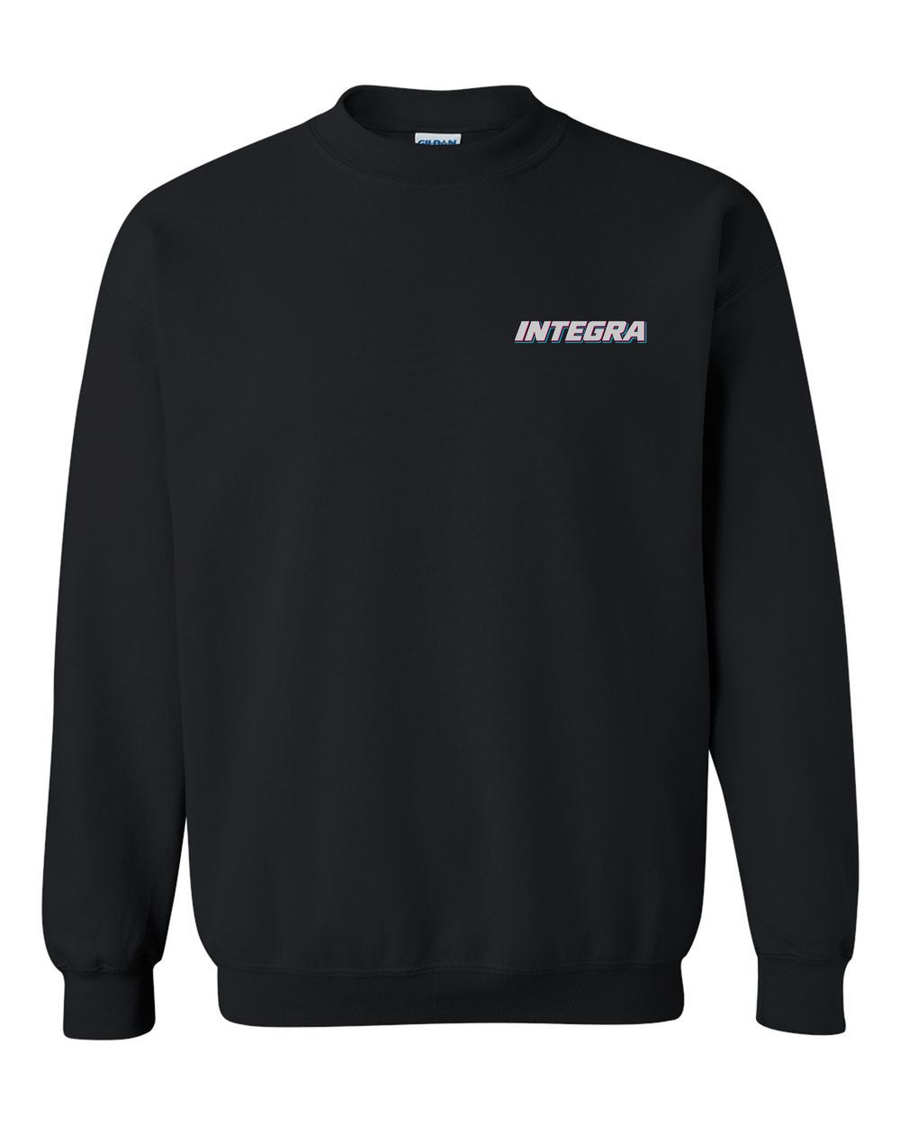 black crewneck front view with car name on pocket