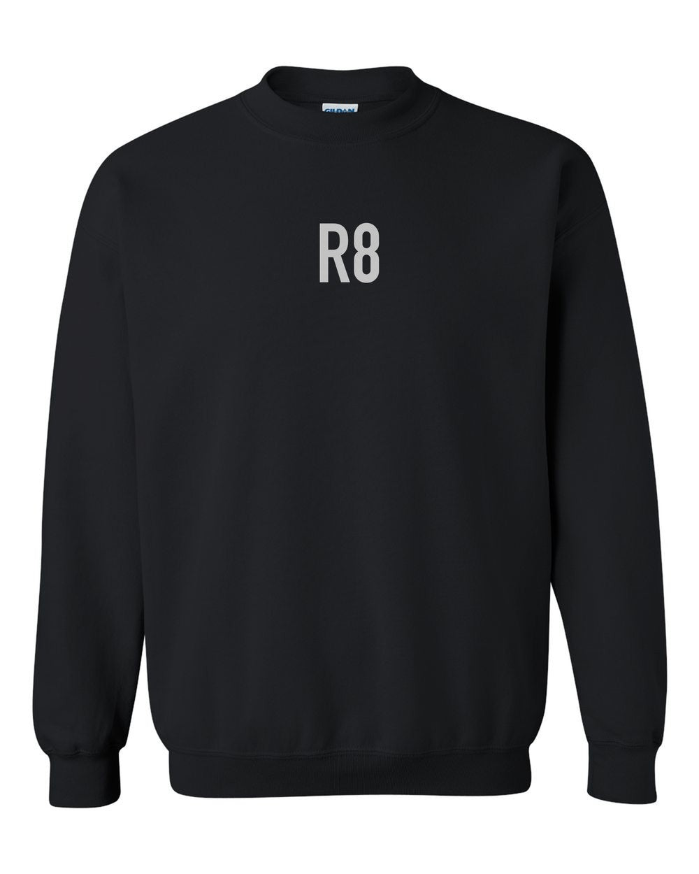 black crewneck front view with small code mark