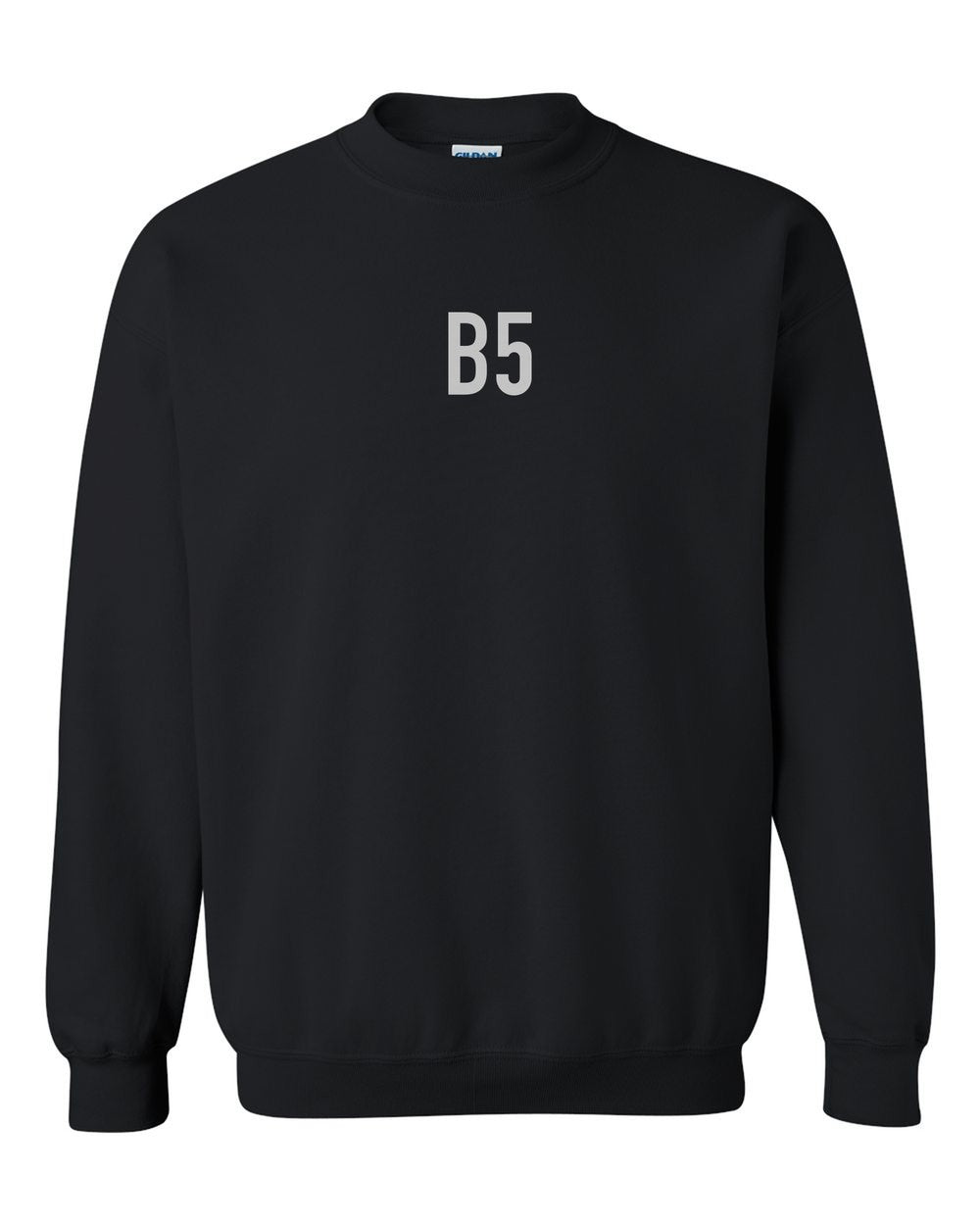 black crewneck front view with small code mark