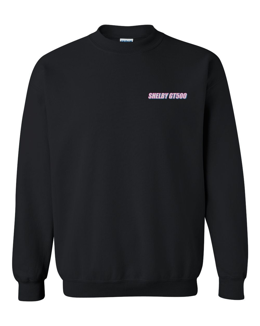 black crewneck front view with car name on pocket