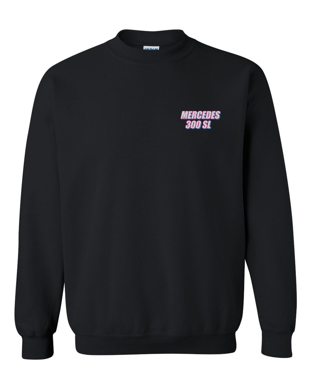 black crewneck front view with car name on pocket
