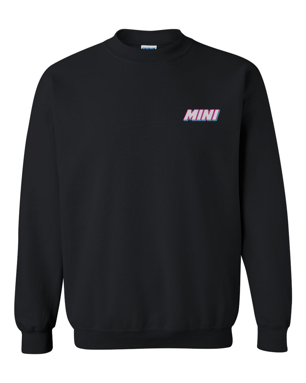 black crewneck front view with car name on pocket