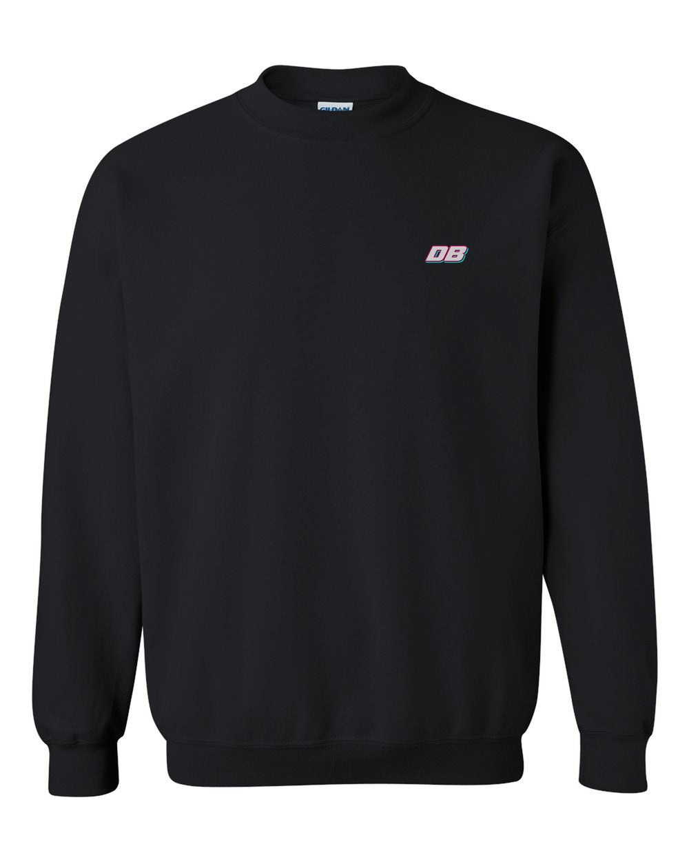 black crewneck front view with car name on pocket