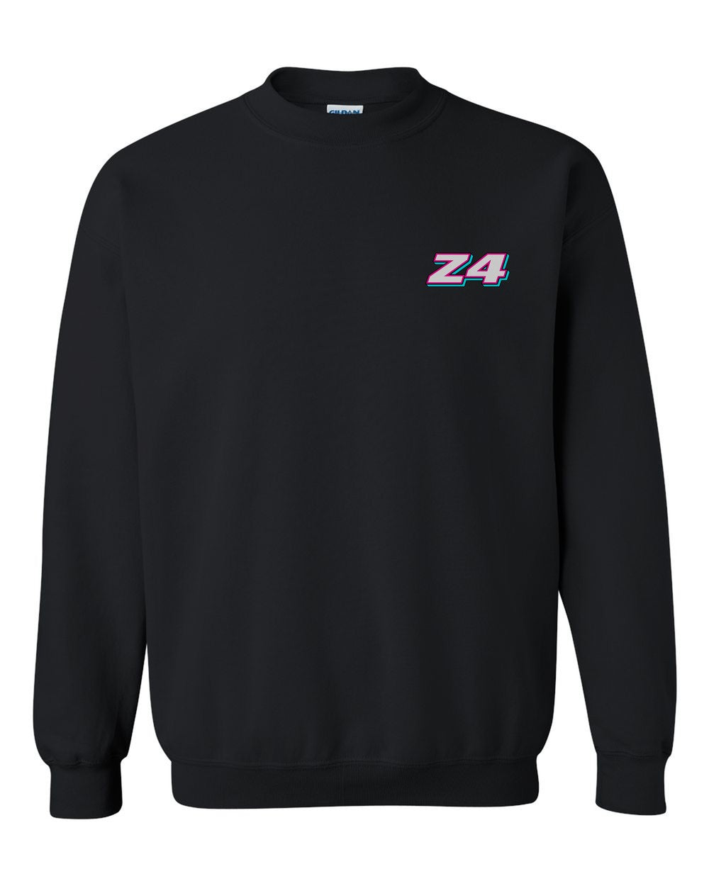 black crewneck front view with car name on pocket