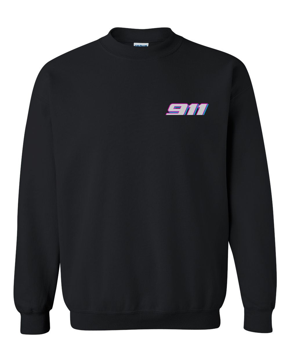black crewneck front view with car name on pocket