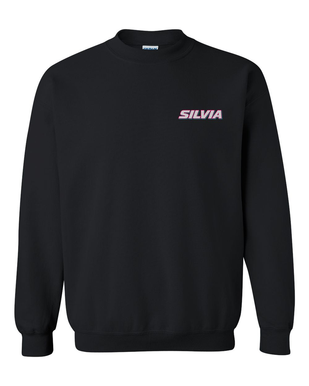 black crewneck front view with car name on pocket