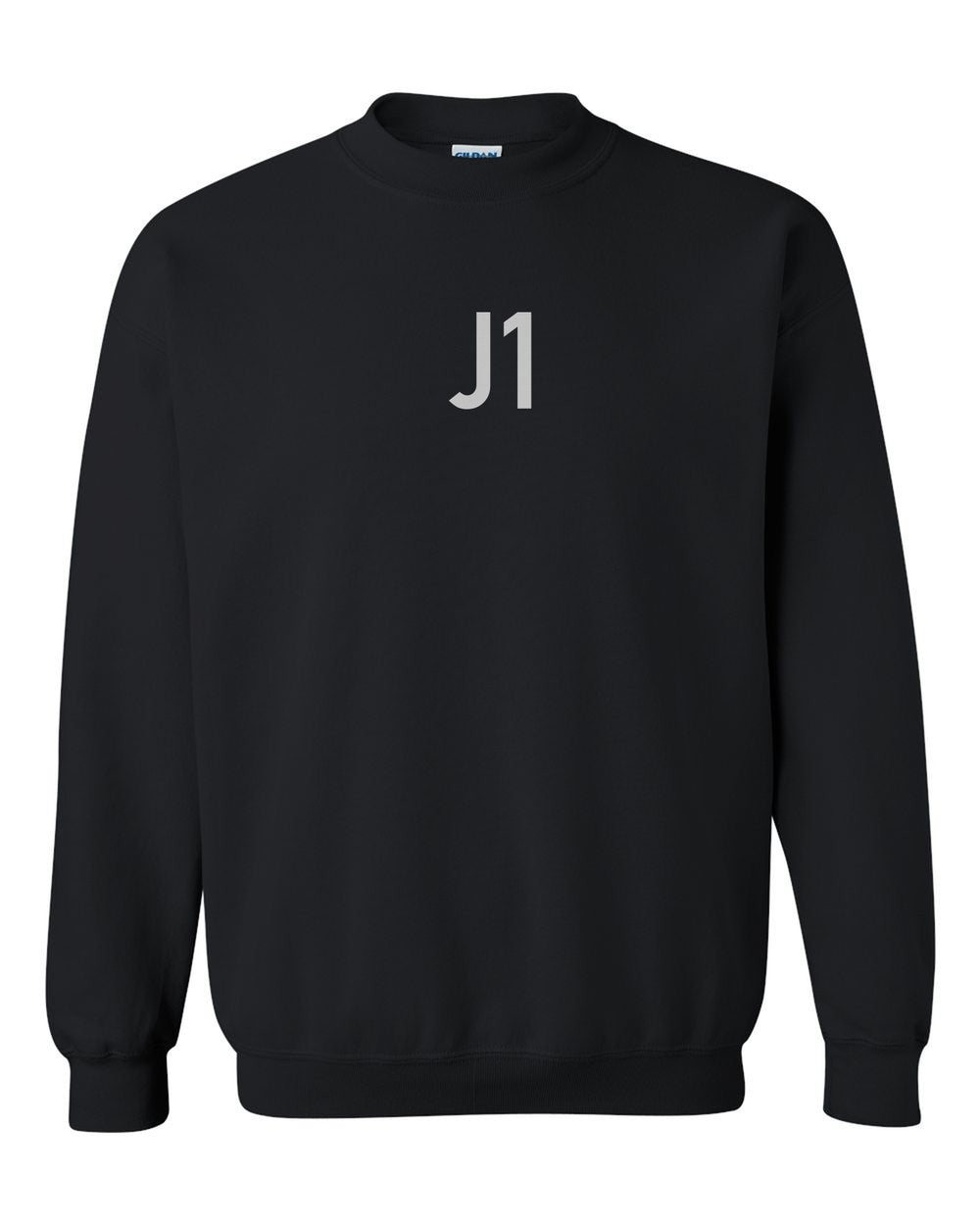 black crewneck front view with small code mark