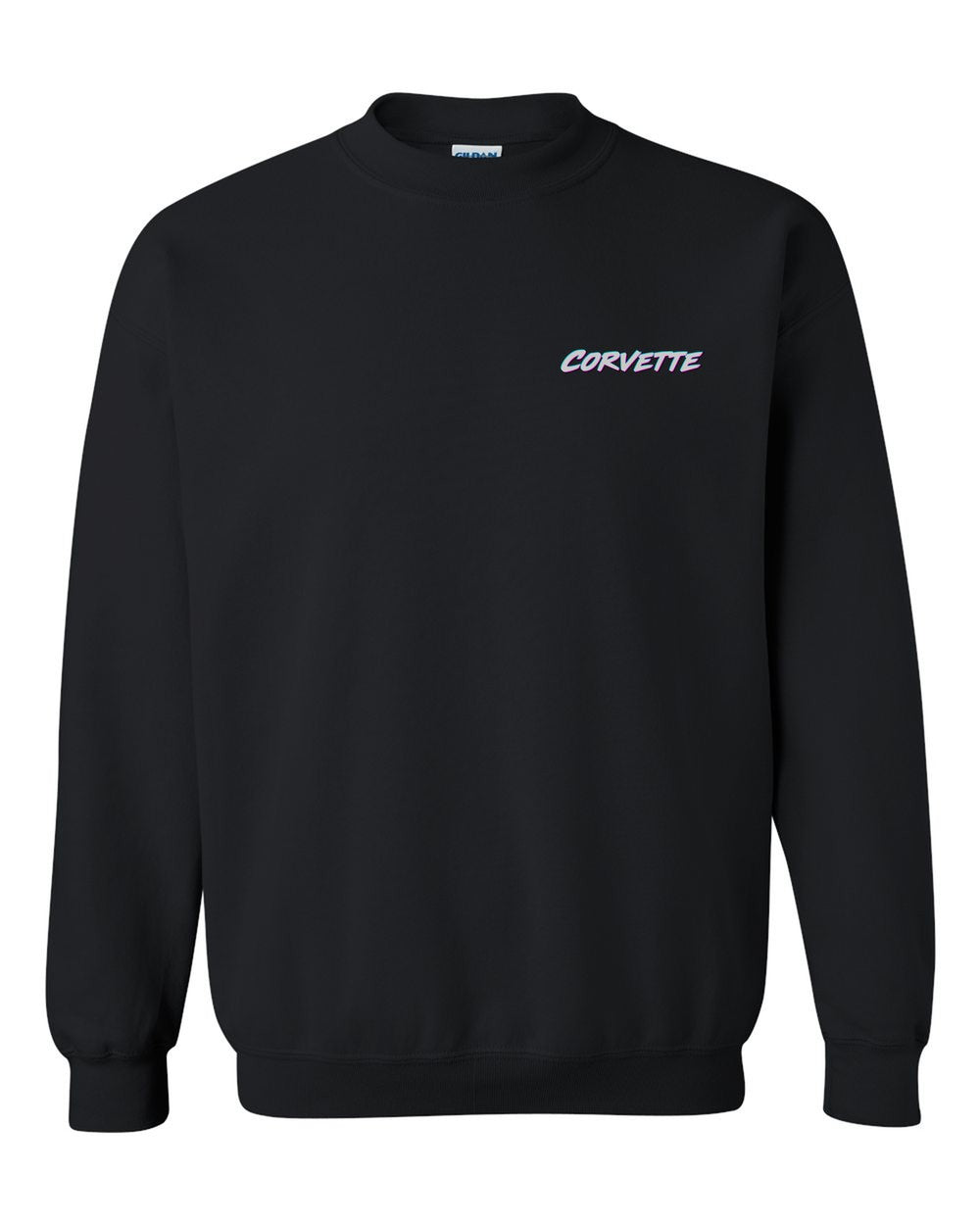 black crewneck front view with car name on pocket
