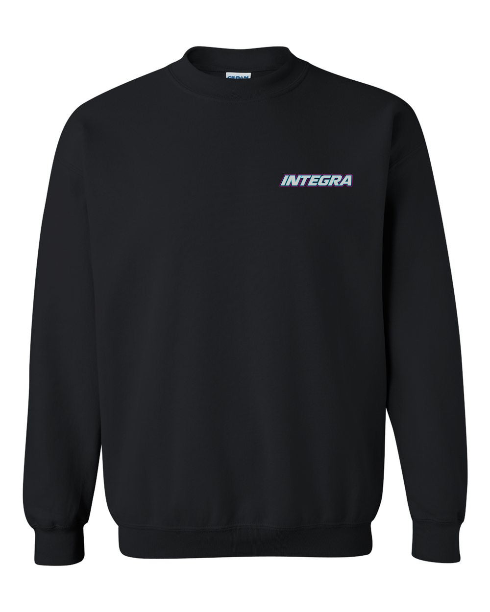 black crewneck front view with car name on pocket