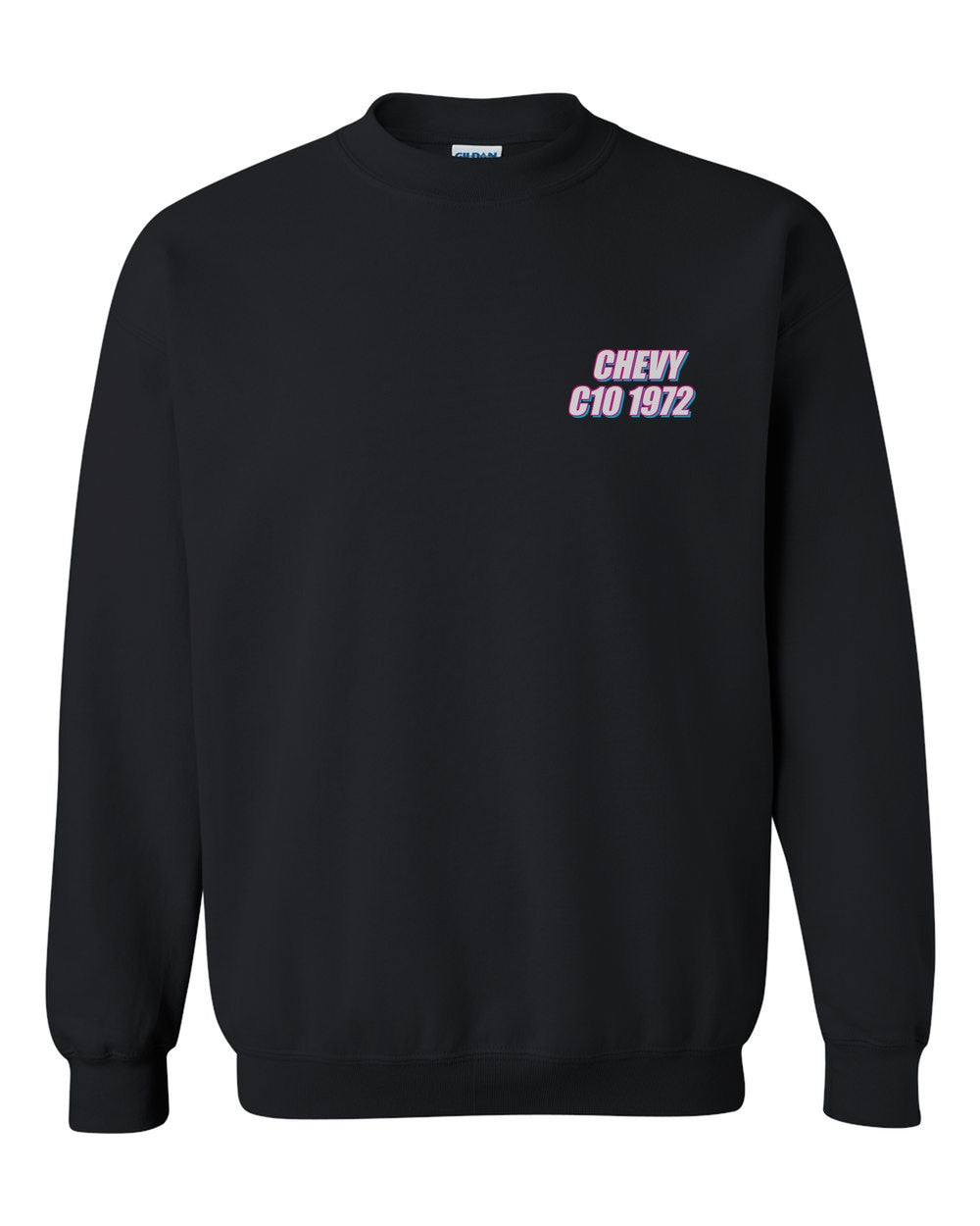 black crewneck front view with car name on pocket