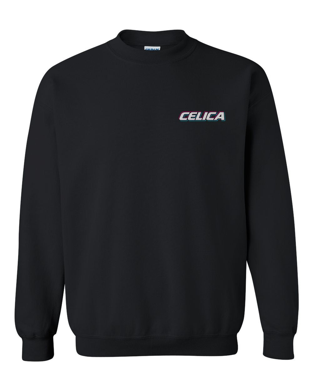 black crewneck front view with car name on pocket