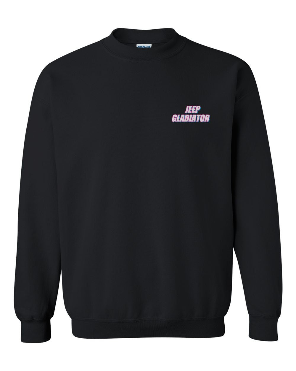 black crewneck front view with car name on pocket