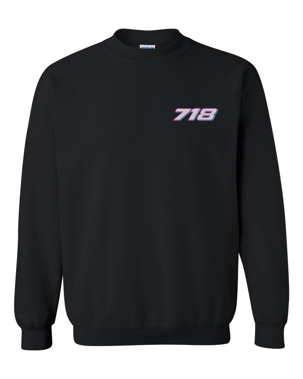 black crewneck front view with car name on pocket